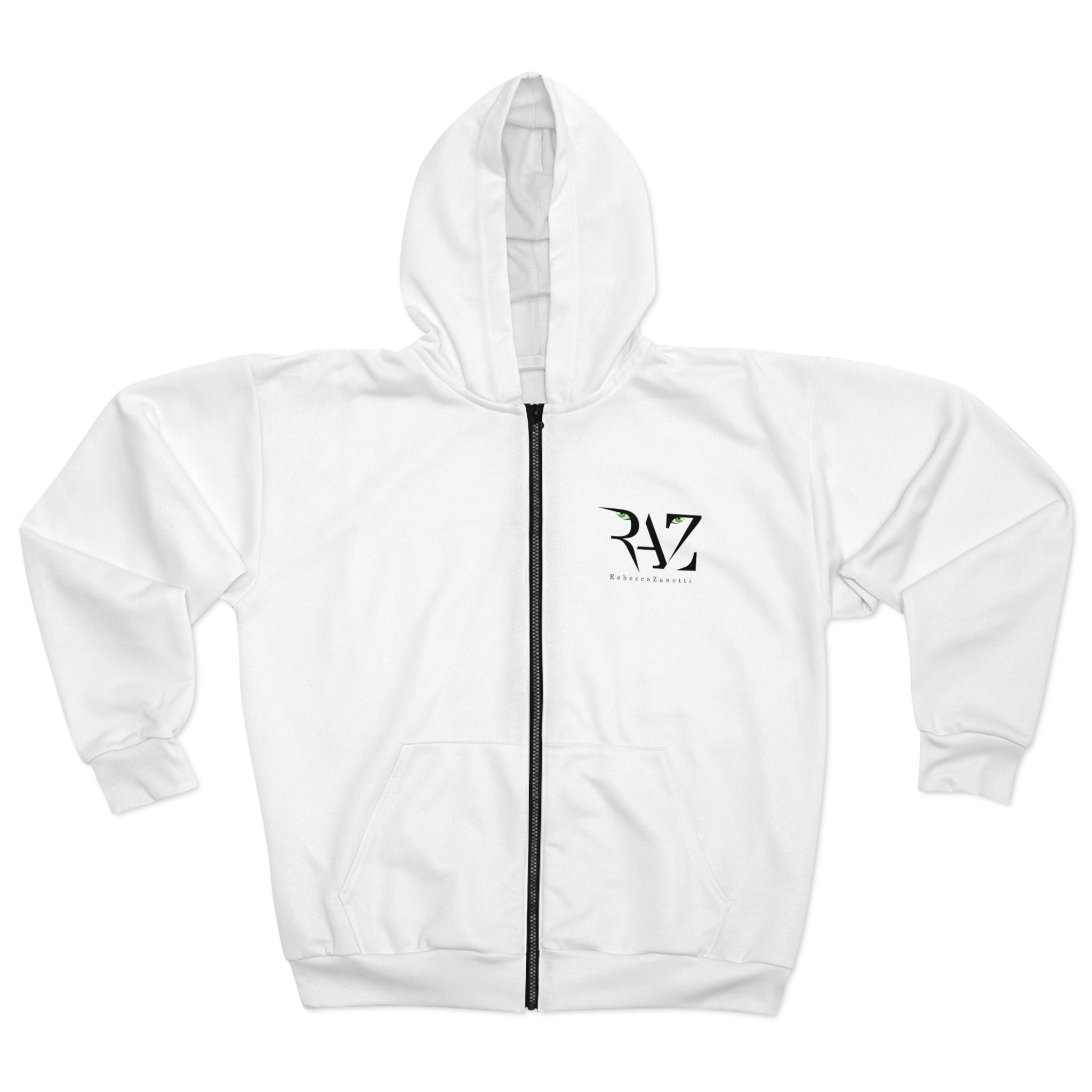 Whtie Raz Unisex Zip Hoodie White - RAZ Logo – Rebecca Zanetti